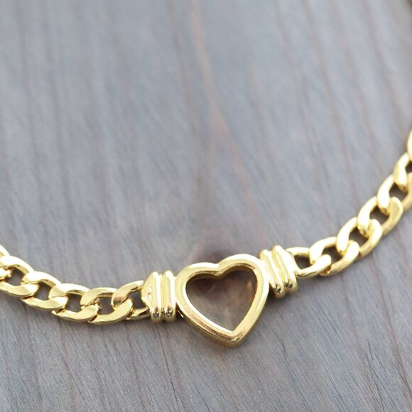 Heart Charm Curve Cuban Chain Necklace/Bracelet 18k Gold Plated Stainless Steel - Picture 2 of 5